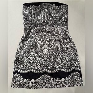 WHBM Black and White Print Satin Strapless Dress Size 12
